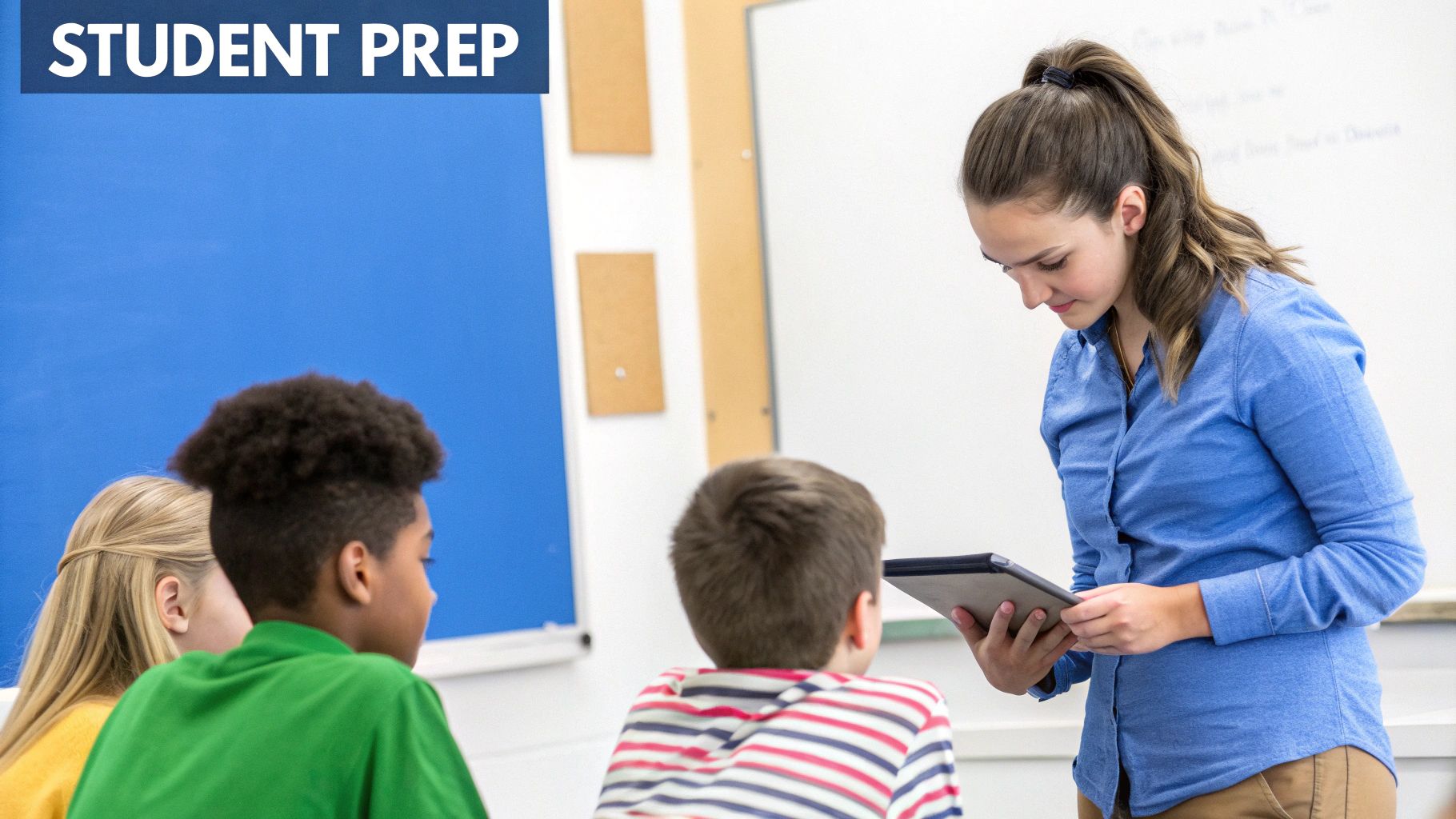 A female teacher shows content on a tablet to diverse students in a modern classroom setting.