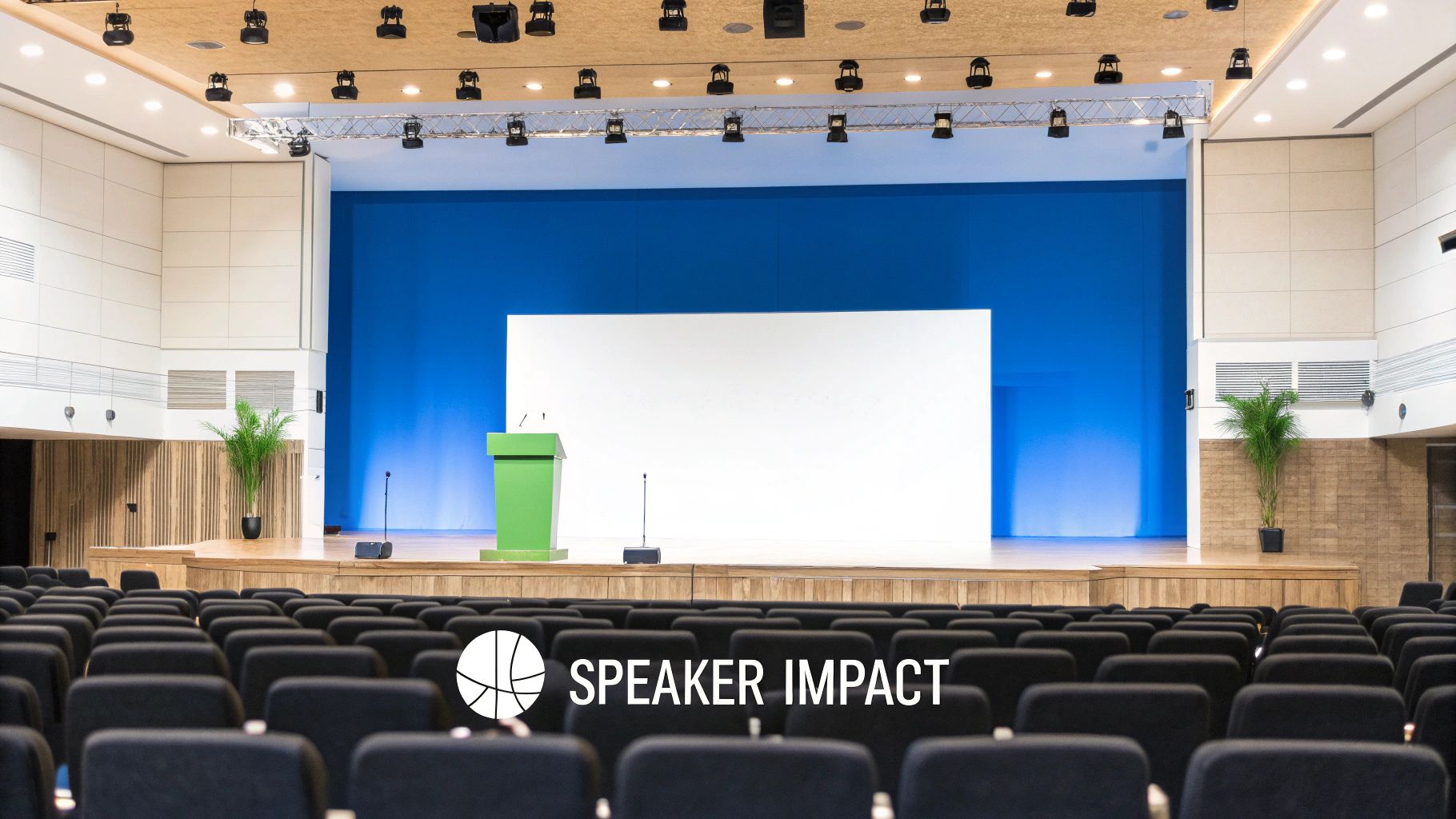 A female speaker presenting to a large audience at a conference.