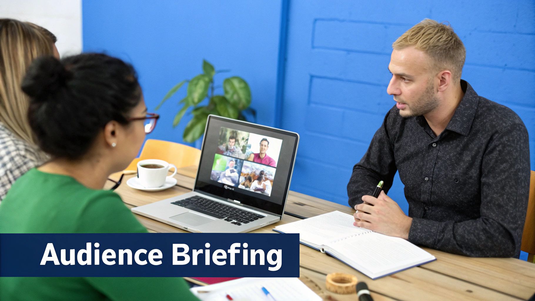 Colleagues conducting an audience briefing, with one person on a video call and another taking notes.