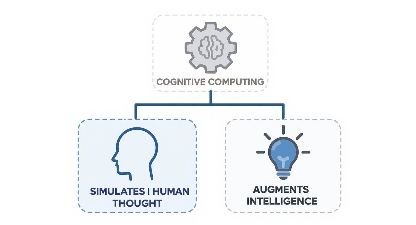 Diagram illustrating cognitive computing's functions: simulating human thought and augmenting intelligence.