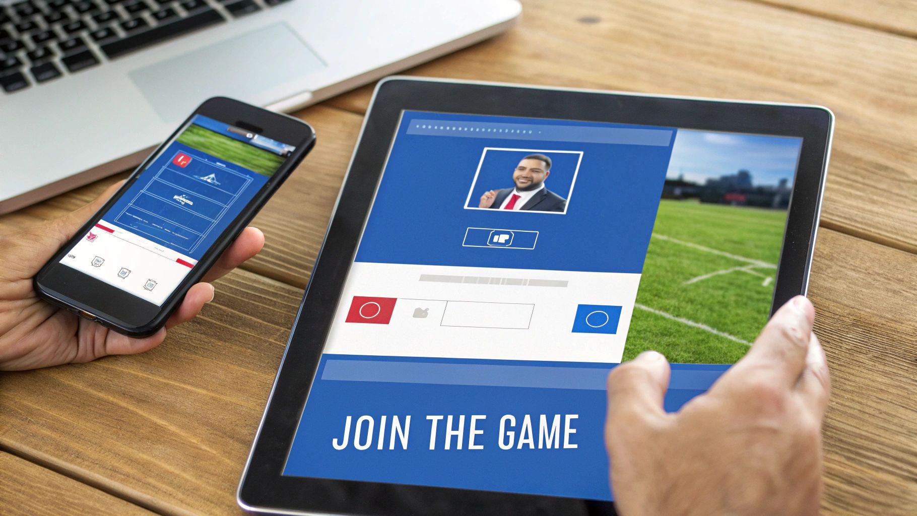 A person holds a smartphone and interacts with a tablet showing a 'JOIN THE GAME' screen and a profile.