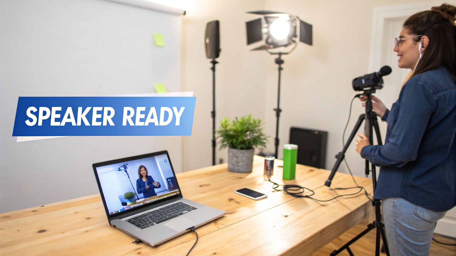 A person sets up a camera and studio lights for a virtual conference, with a laptop showing a speaker.