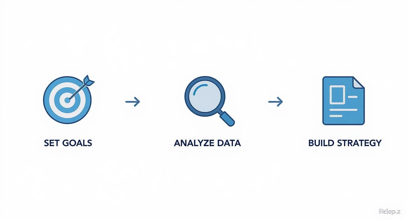 Three-step business process workflow showing set goals, analyze data, and build strategy with icons