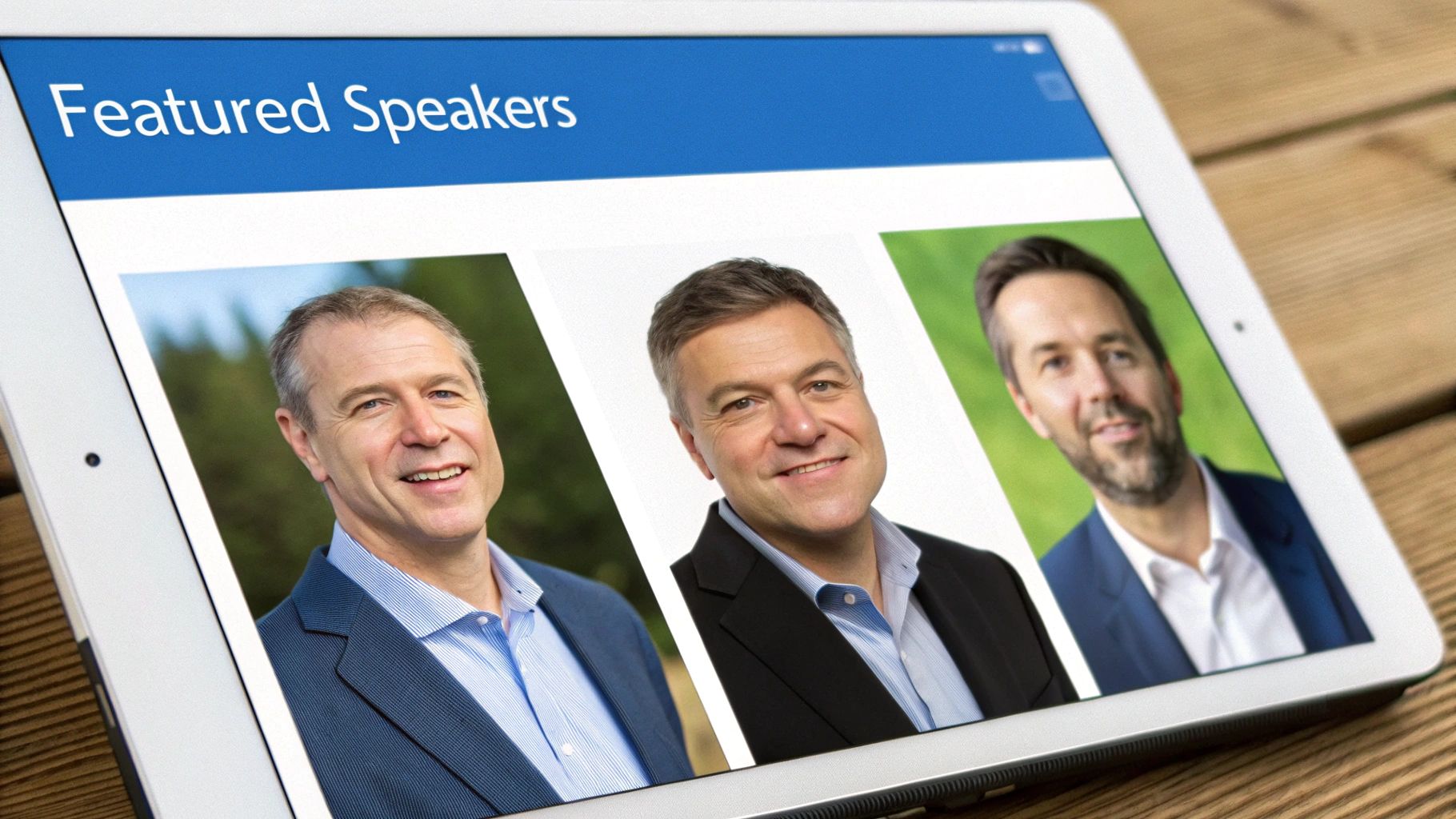 Professional headshots of three featured speakers displayed on tablet screen for speaking bureau