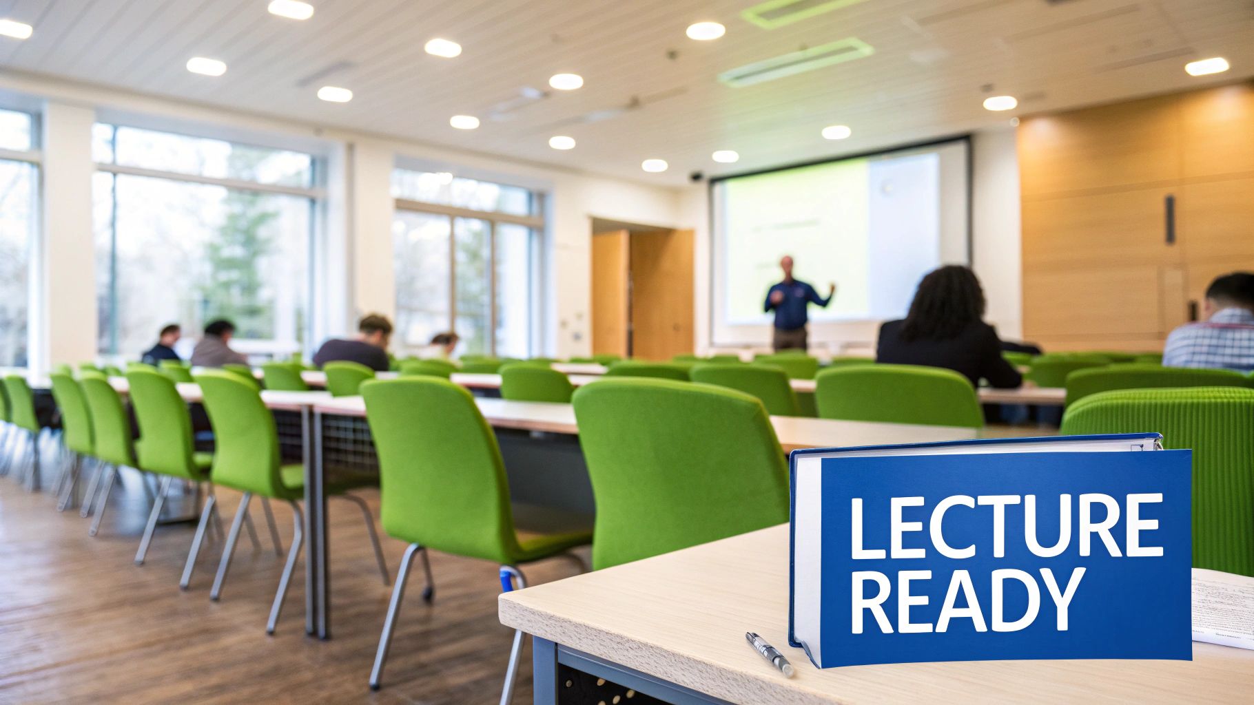 A modern meeting room arranged in a classroom style, with rows of tables facing a large presentation screen at the front.
