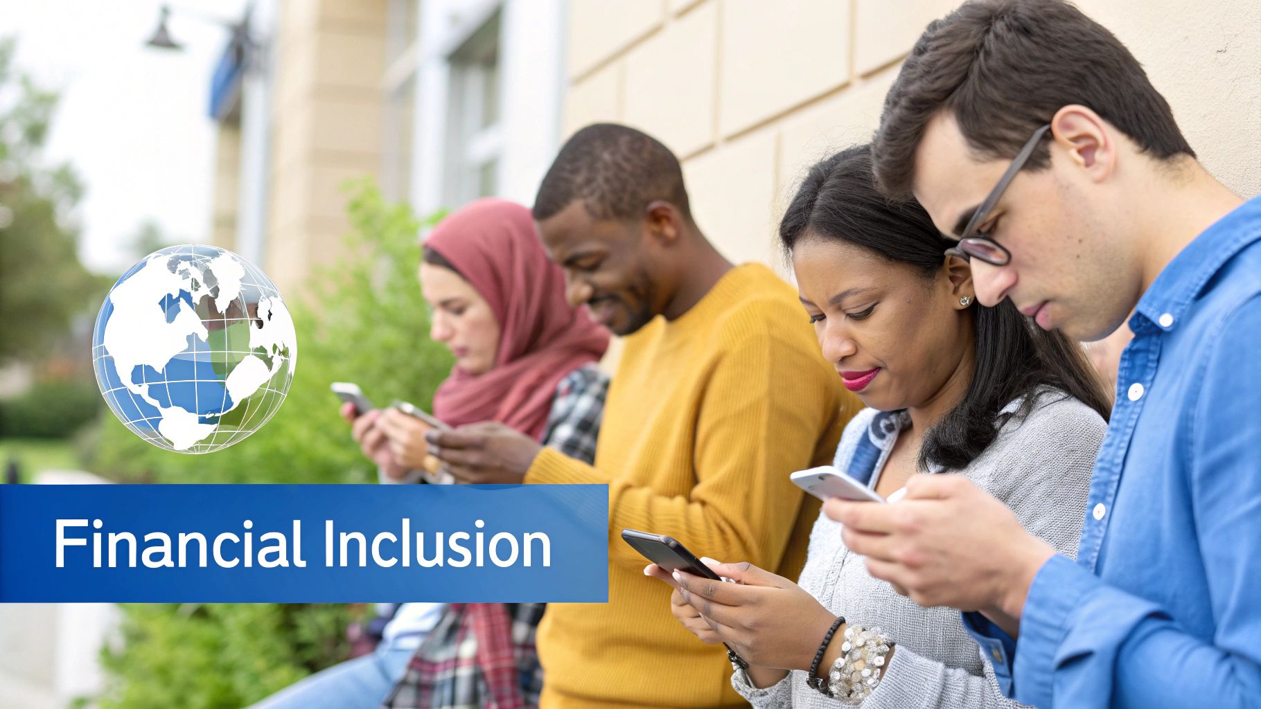 Diverse young adults use smartphones, with a globe icon and 'Financial Inclusion' text.