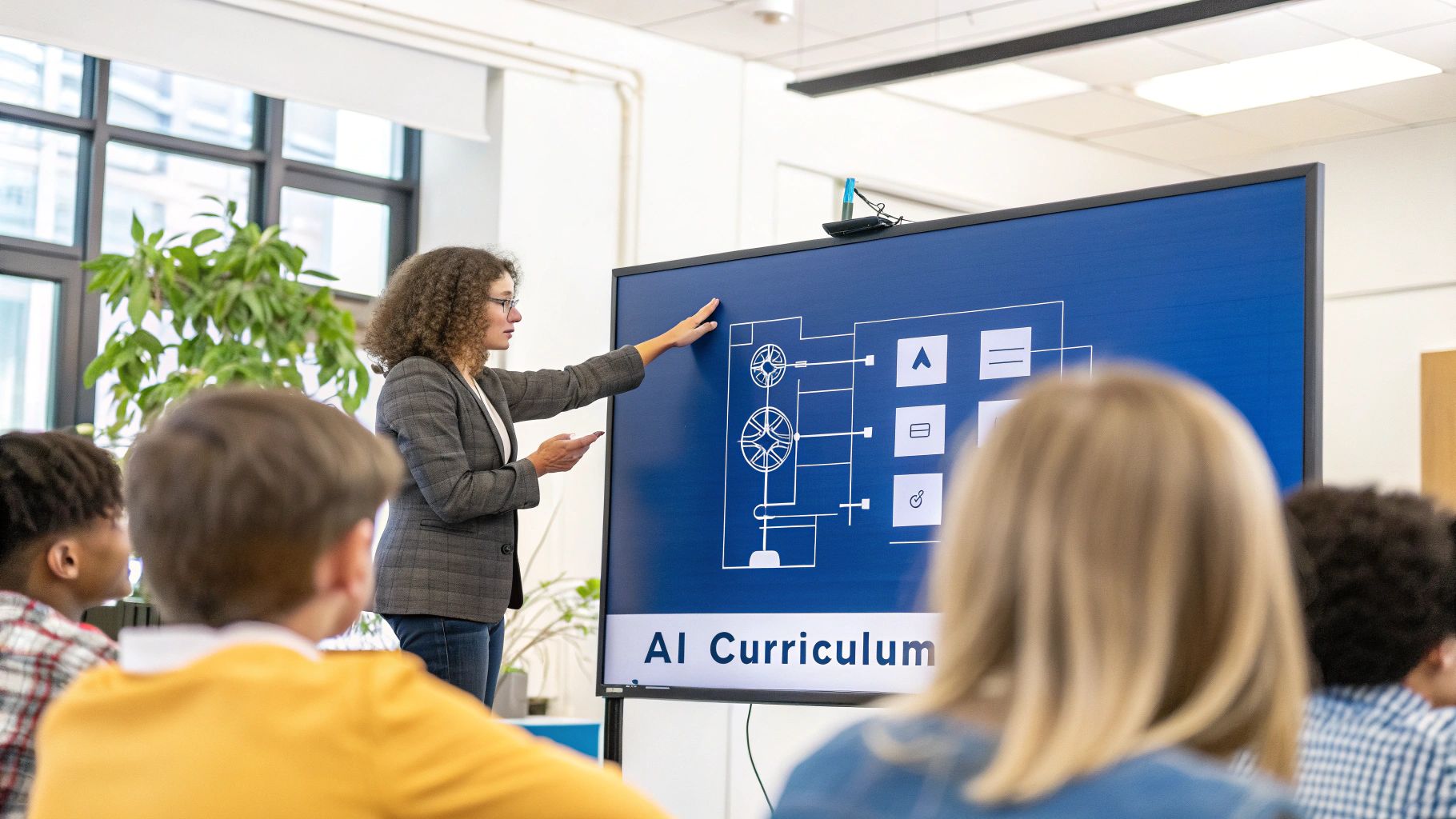 A person sketching out a complex flowchart on a whiteboard, symbolizing the planning and design of an AI curriculum.