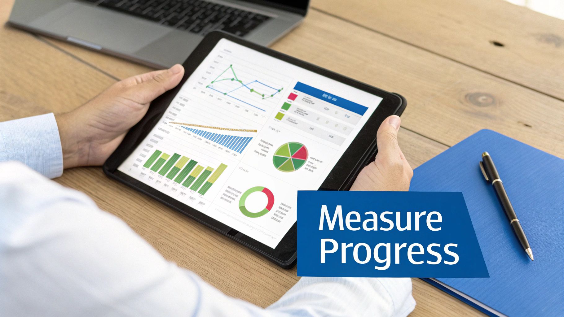 Person holding a tablet displaying various business charts and graphs, with a laptop and notebook.