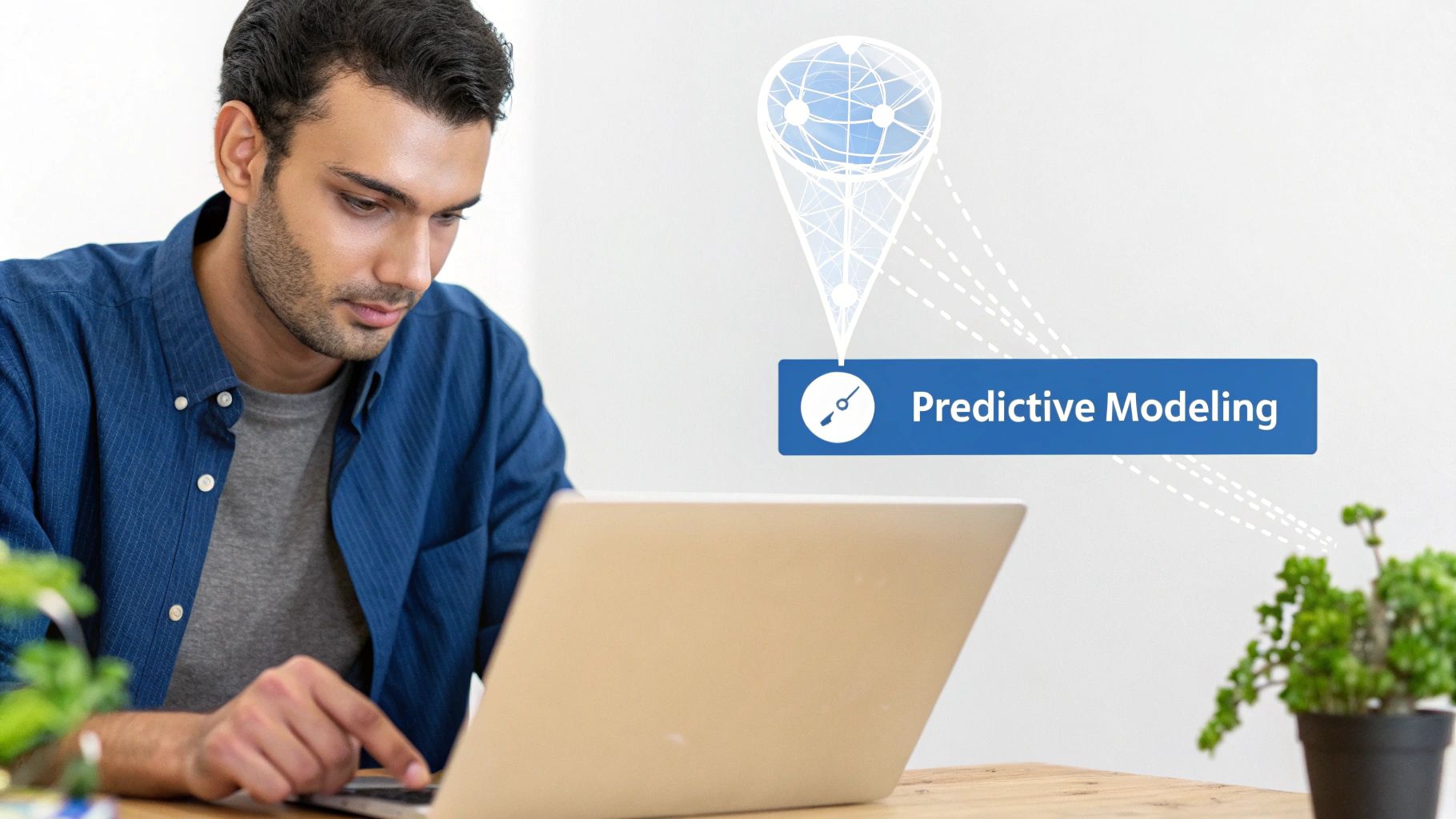 Man using laptop at a desk with 'Predictive Modeling' graphic in the background.