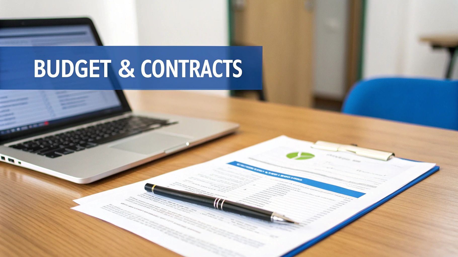 A laptop, documents with a pen on a wooden desk, overlaid with a 'BUDGET & CONTRACTS' banner.