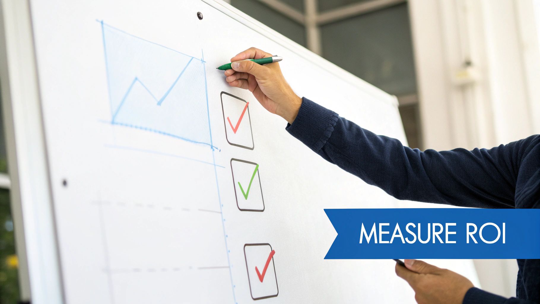 A person's hand with a green pen marking checkboxes on a whiteboard displaying a graph and "MEASURE ROI" banner.