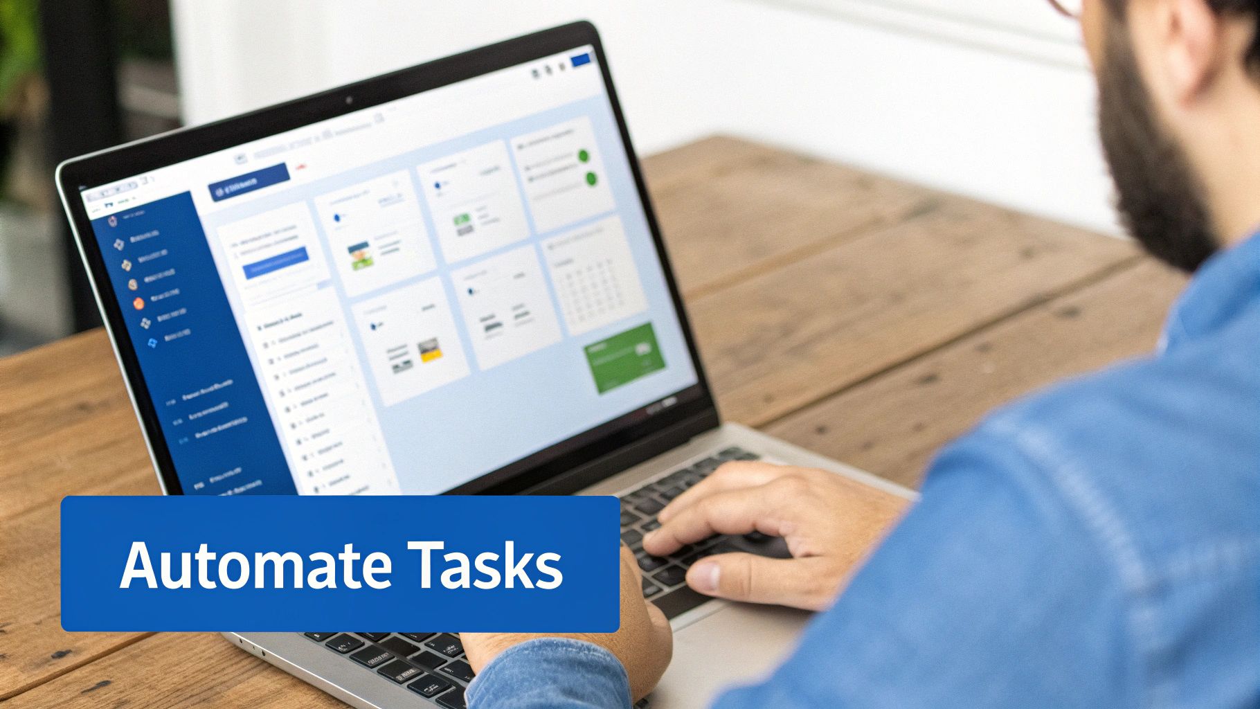 A person types on a laptop showing a business dashboard, with text 'Automate Tasks' overlaid.