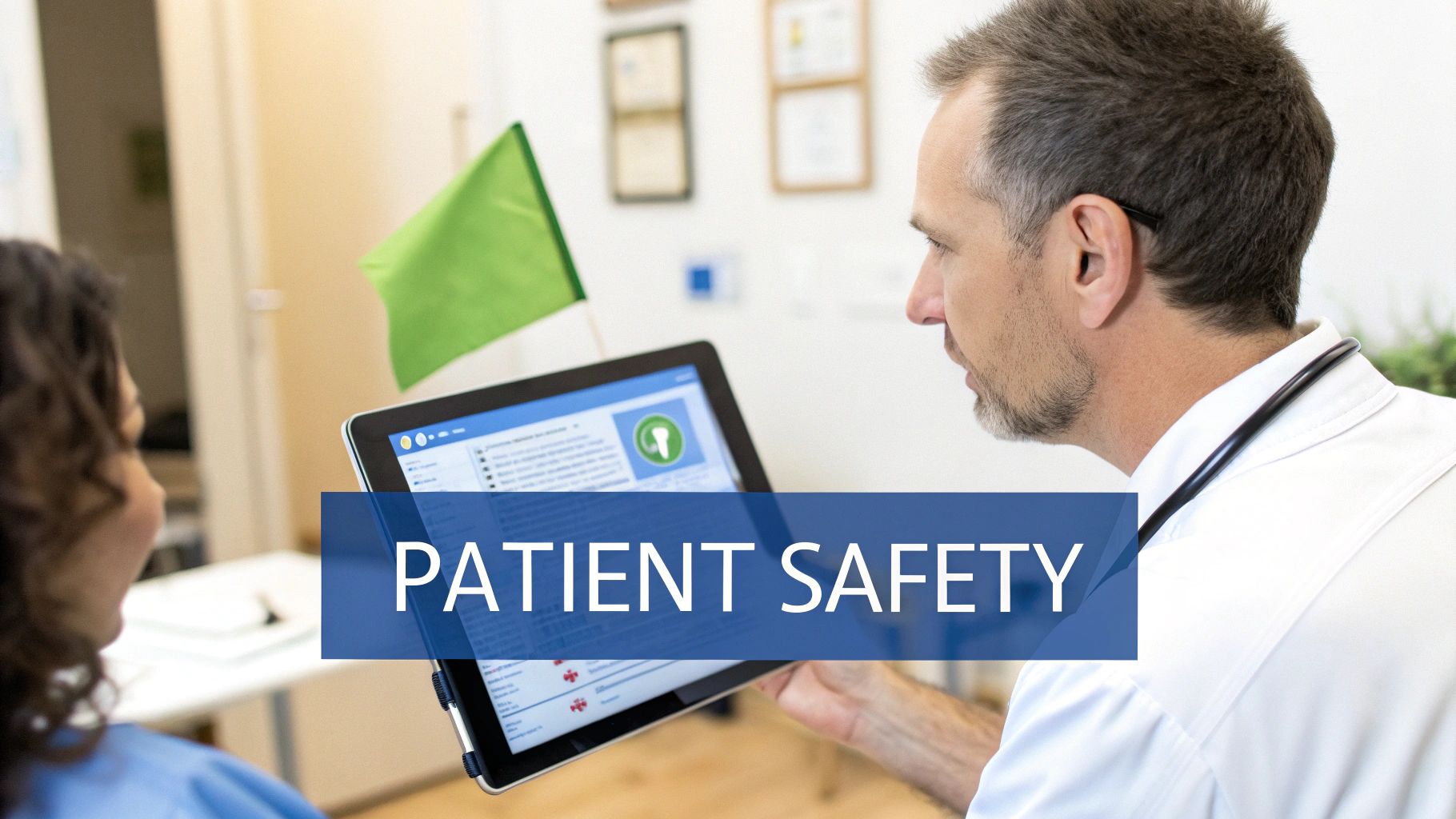 A healthcare professional reviews patient data on a digital tablet in a modern clinical setting.