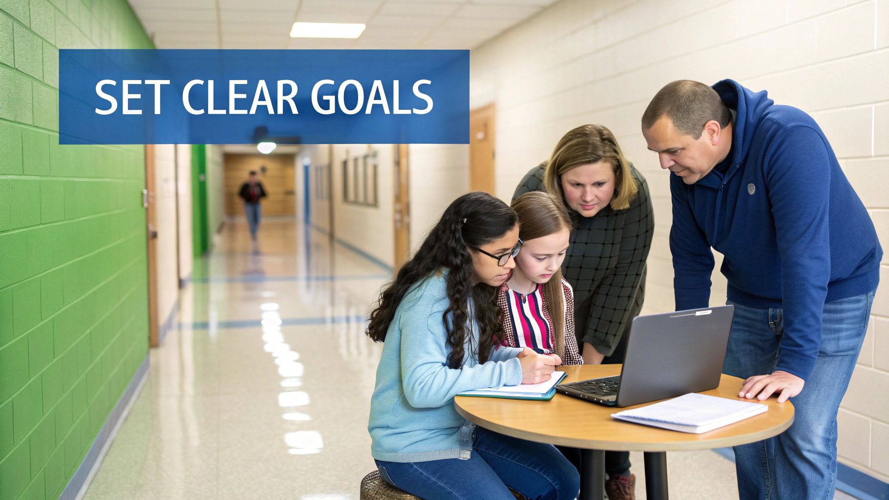 Students and adults collaborate on a laptop in a school hallway, setting clear goals.
