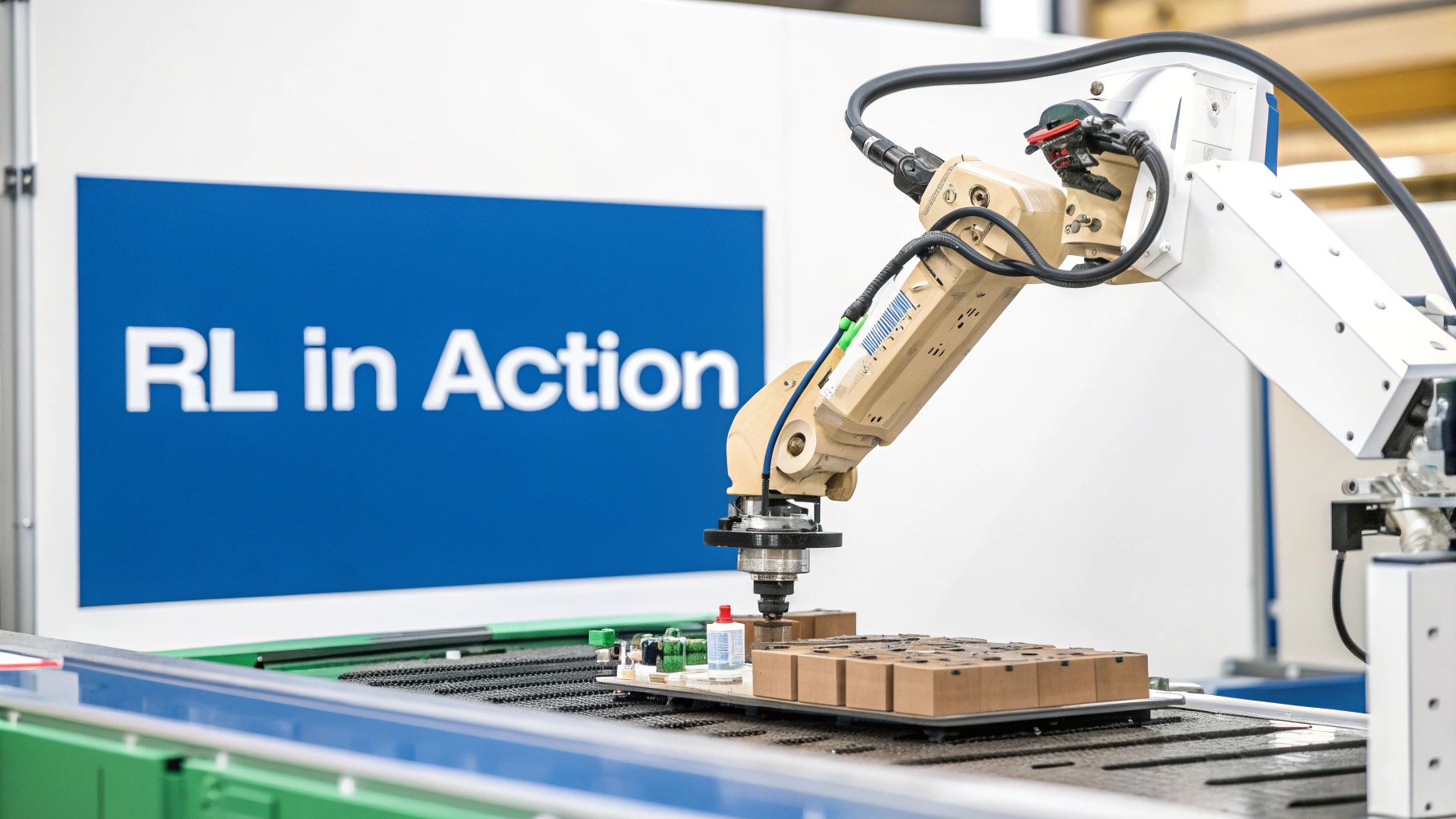 An AI-powered robotic arm working on a manufacturing line