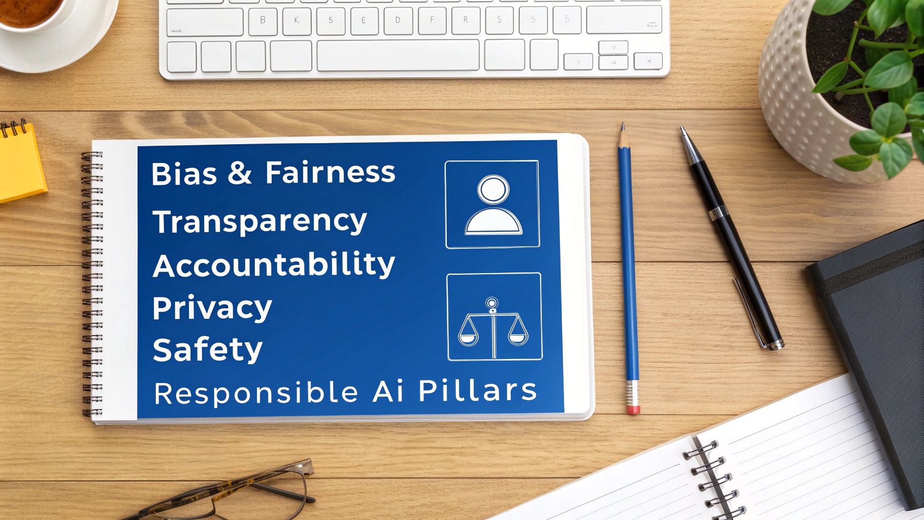 A notebook on a wooden desk displays 'Responsible AI Pillars' including Bias & Fairness and Privacy.