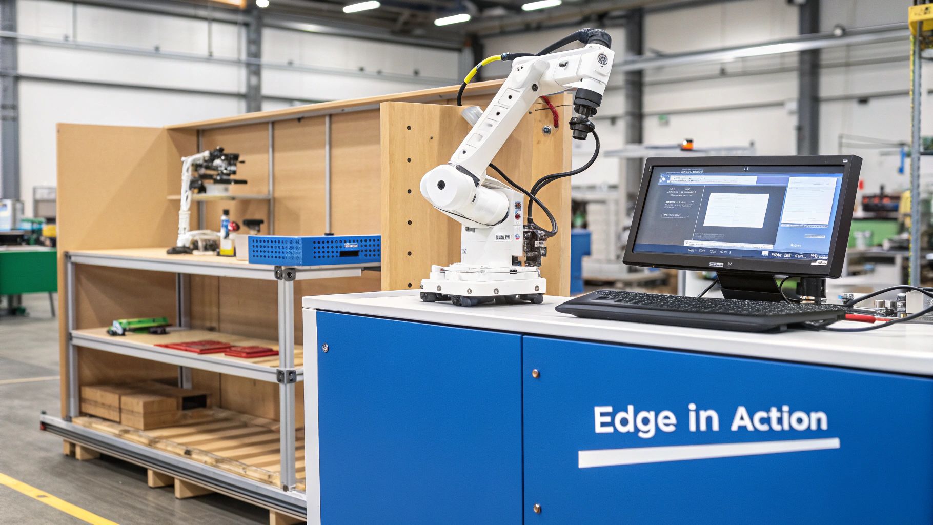 A factory floor with robotic arms, representing smart manufacturing and edge computing.