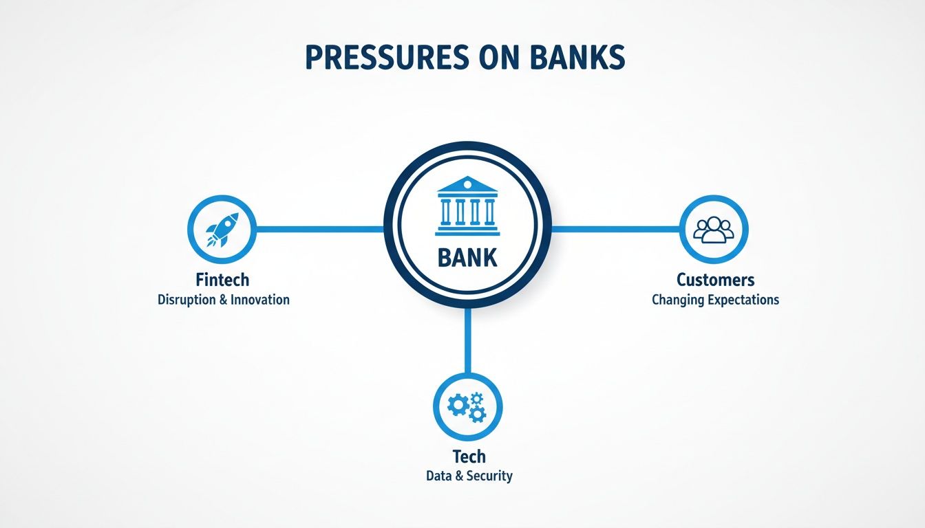 A diagram illustrates key pressures on banks from fintech, customers, and technology.