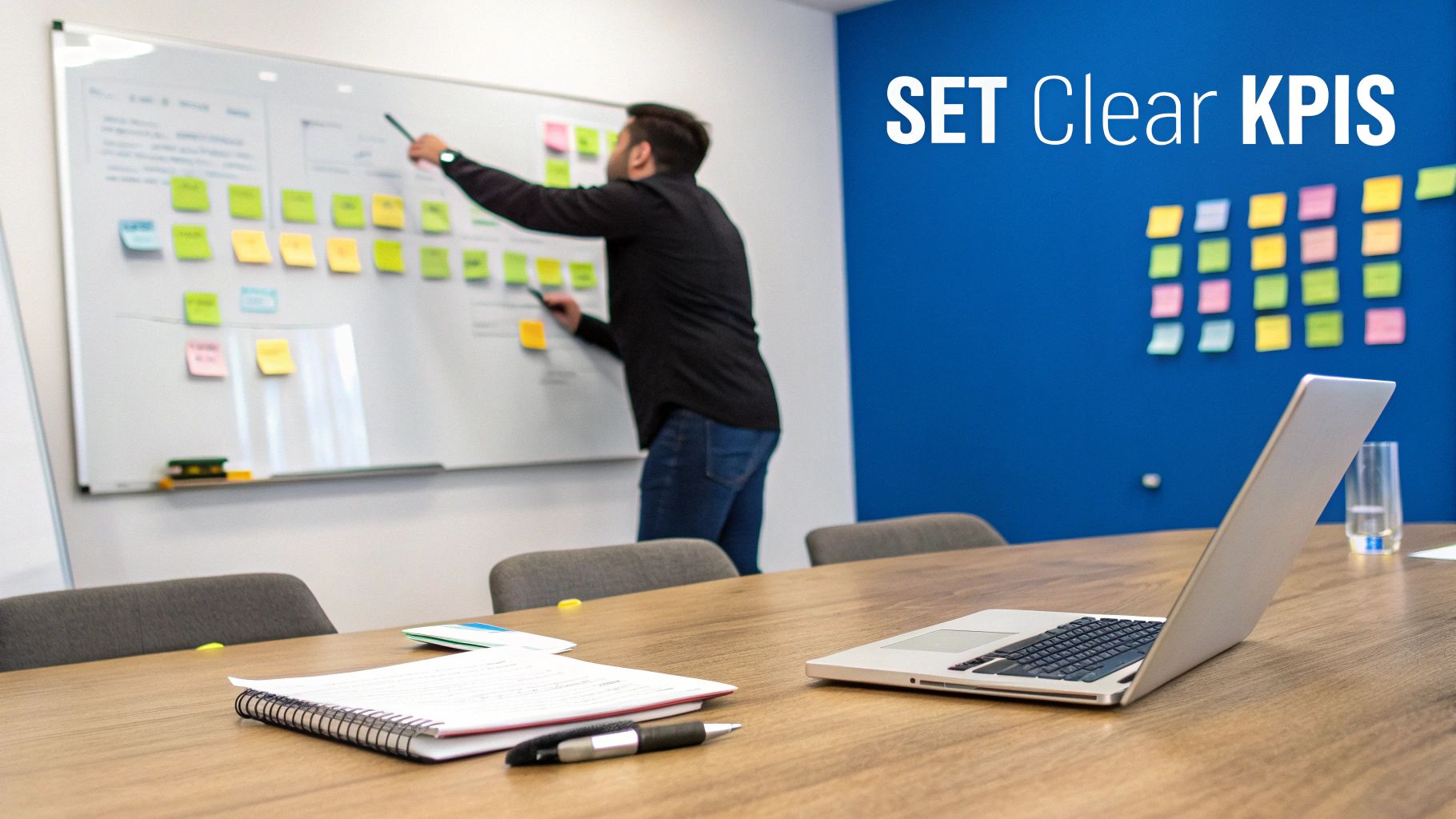 A group of diverse professionals engaged in a discussion around a modern conference table, suggesting a speaker curation meeting for an artificial intelligence week event.