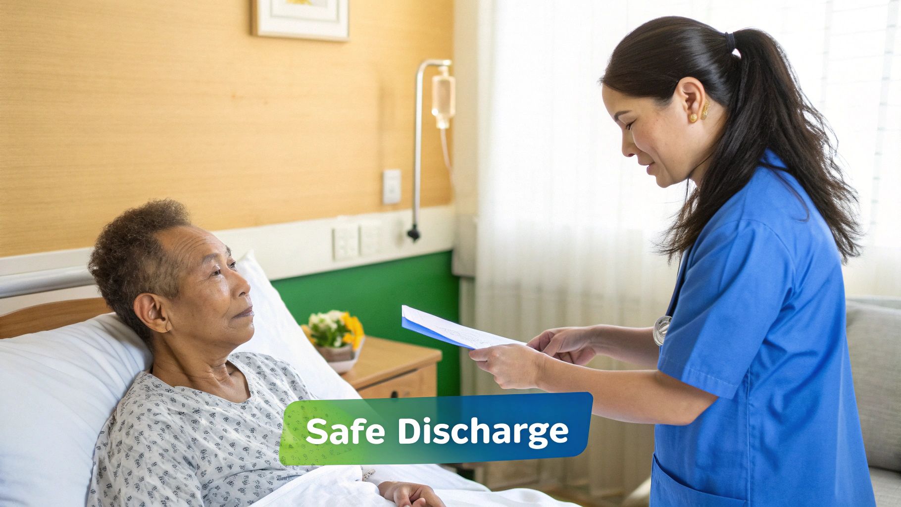 Healthcare nurse discussing safe discharge instructions with elderly patient in hospital bed