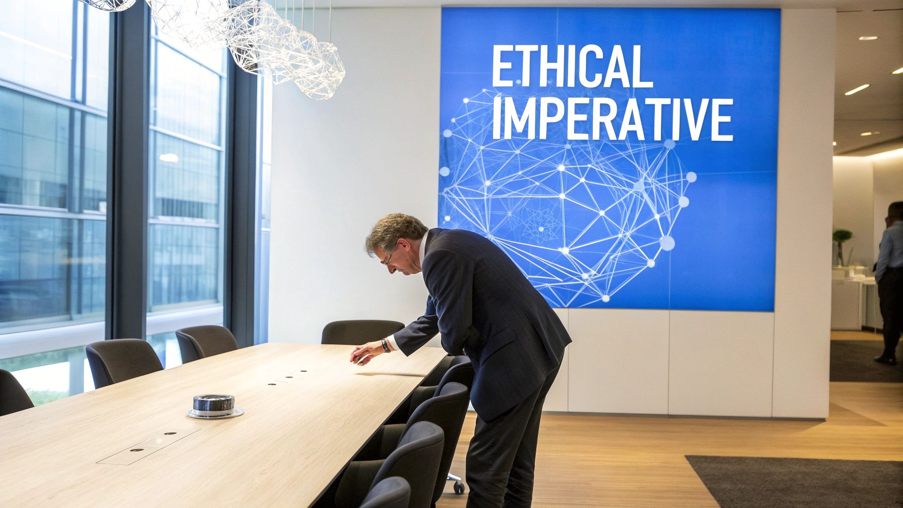 Businessman adjusts a modern conference table in a meeting room with an 'ETHICAL IMPERATIVE' display.