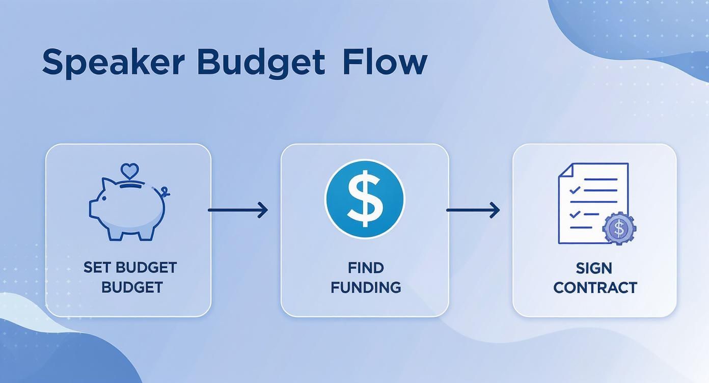 Flowchart illustrating the speaker budget process: setting the budget, finding funding, and signing contracts.