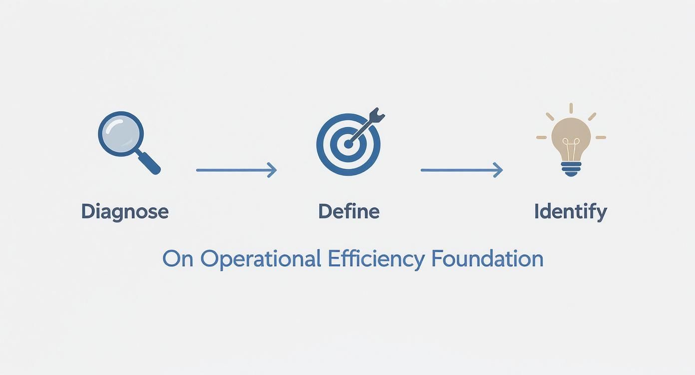 Diagram showing three steps: Diagnose (magnifying glass), Define (target), Identify (lightbulb), for operational efficiency.