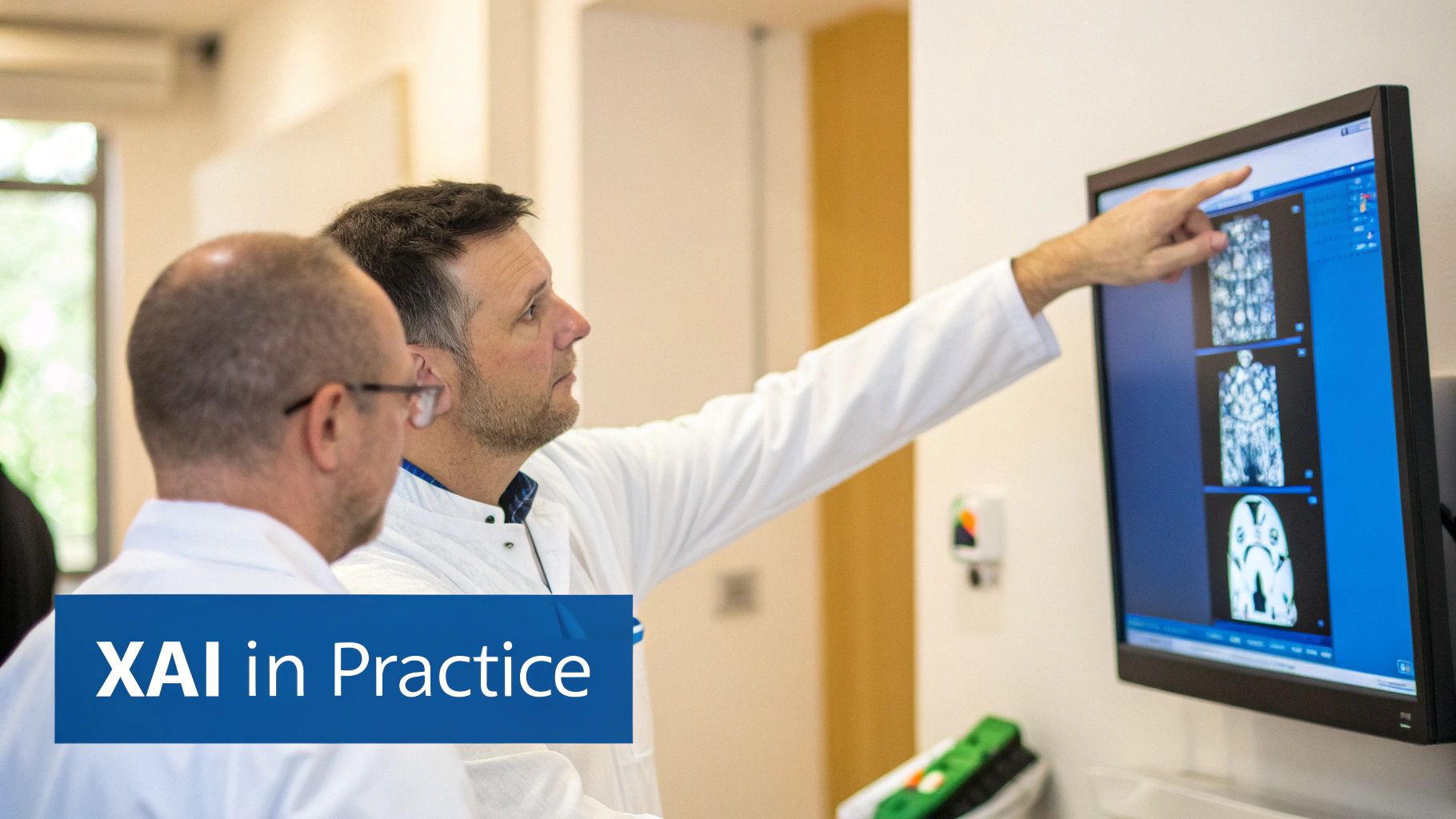 A doctor, a banker, and an HR manager looking at a transparent digital interface showing an AI's decision process.