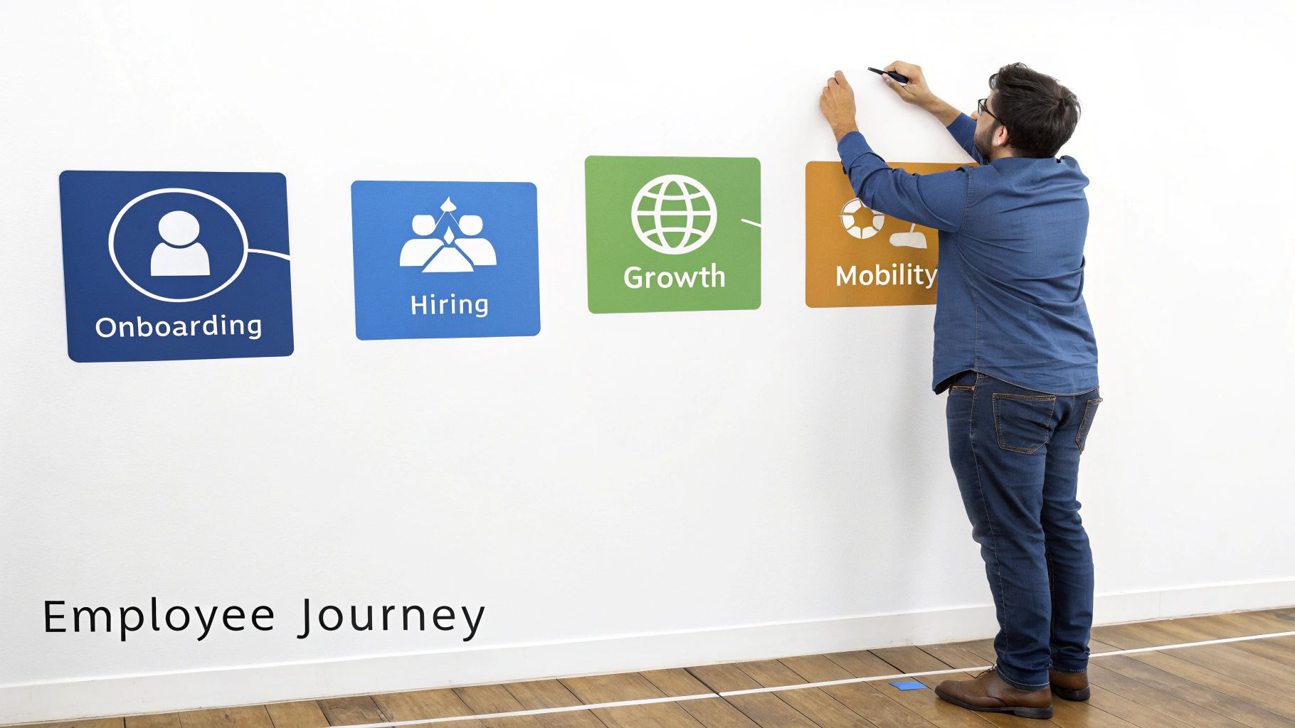 Man writing employee journey stages on wall showing onboarding, hiring, growth, and mobility phases