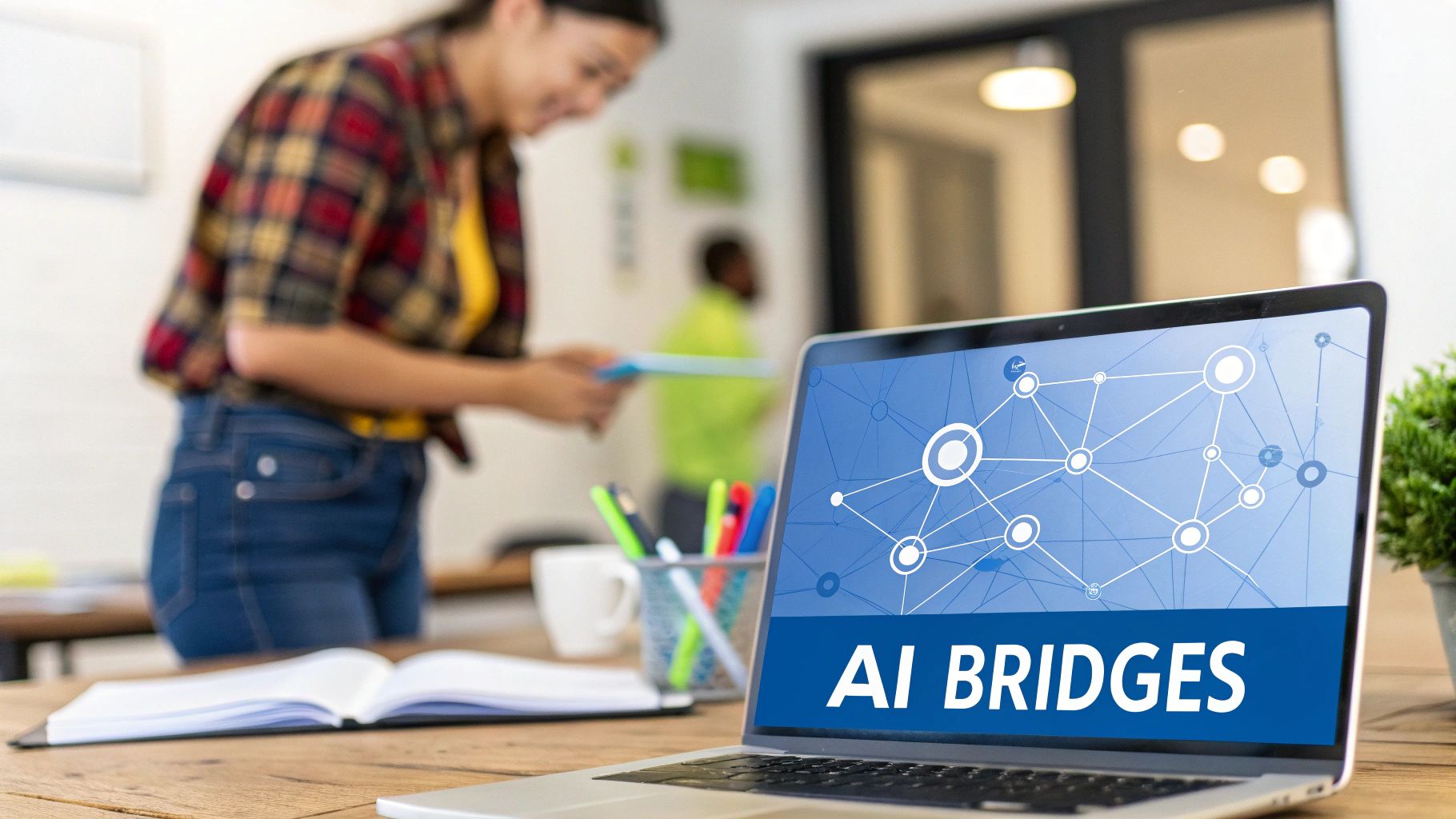A network of interconnected digital nodes, symbolizing how technology and AI bridge divides between teams.