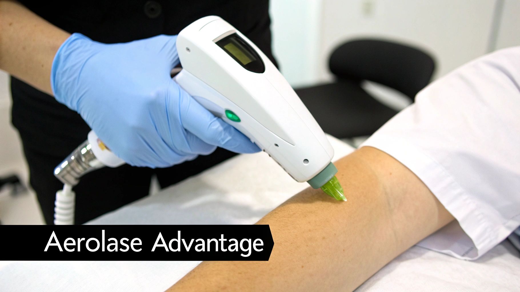 A gloved hand uses a white laser device with a green tip on a person's arm for skin treatment.
