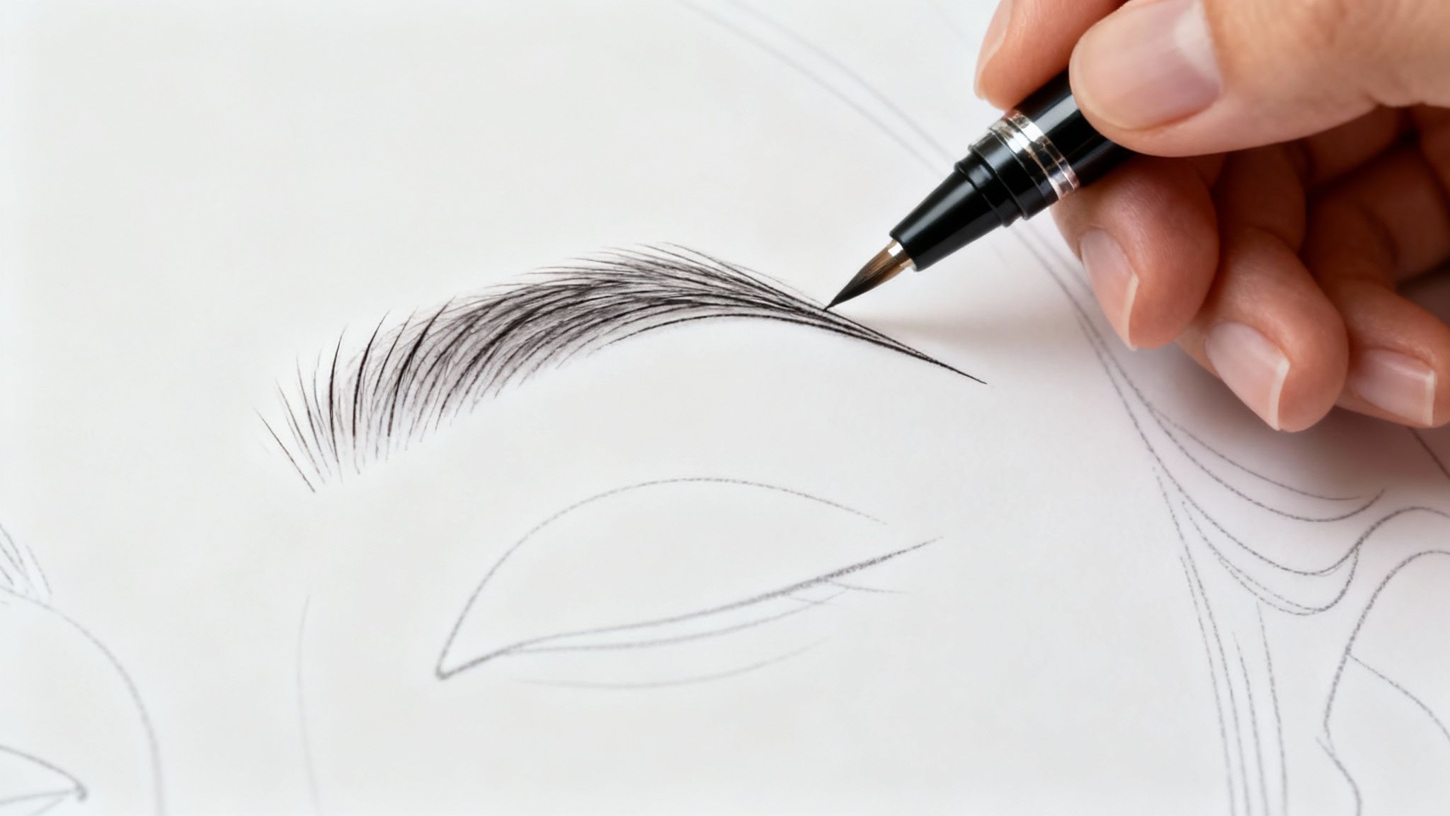 Artist's hand drawing realistic eyebrow hair strokes with fine pen on practice paper