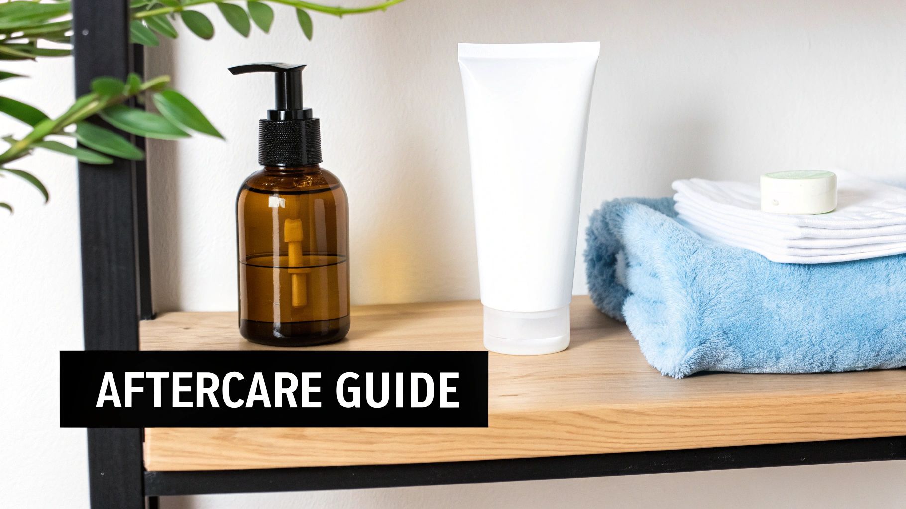 A wooden shelf with a brown pump bottle, white tube, blue and white towels, and a small soap, with &#39;AFTERCARE GUIDE&#39; overlay.