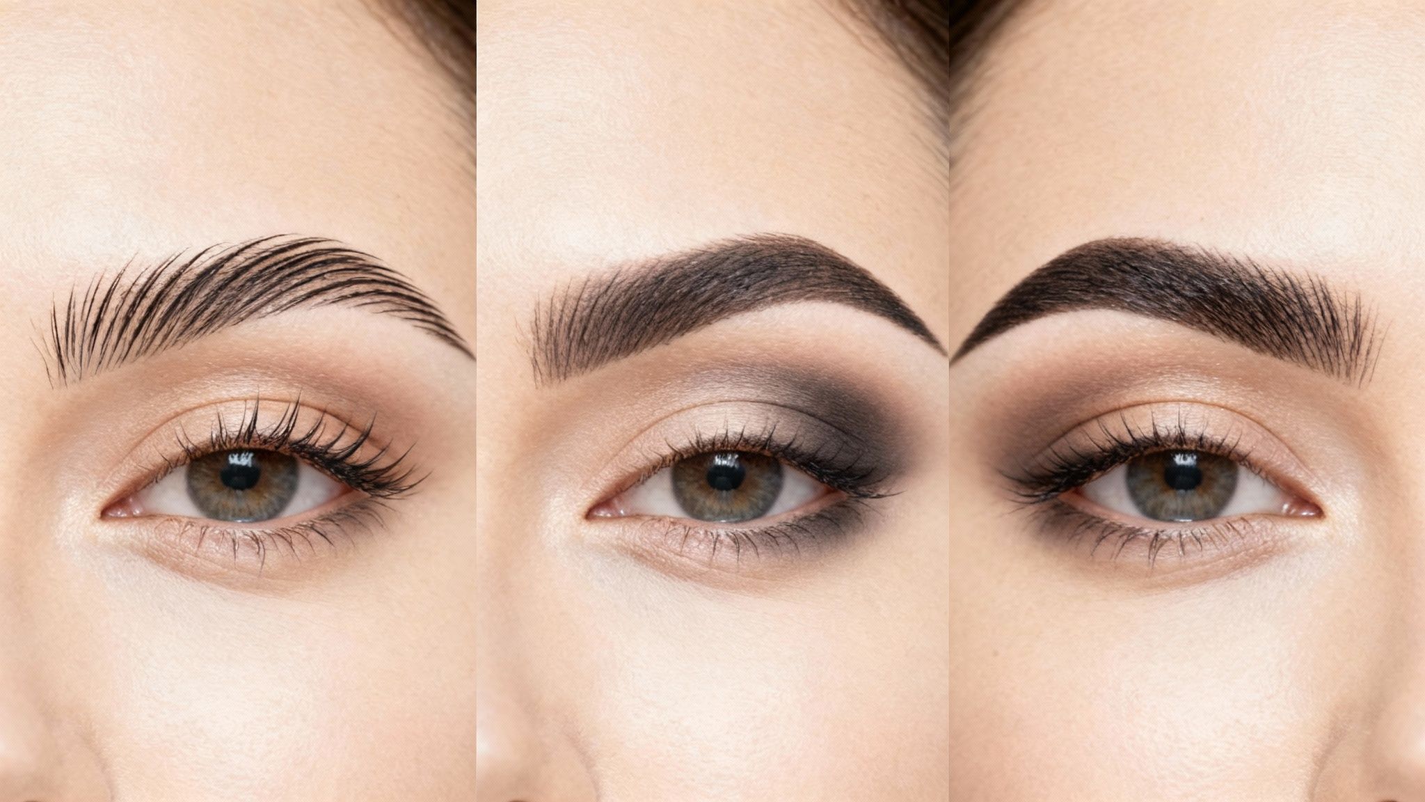 Three stage progression of eyebrow makeup transformation showing natural to bold microblading effect