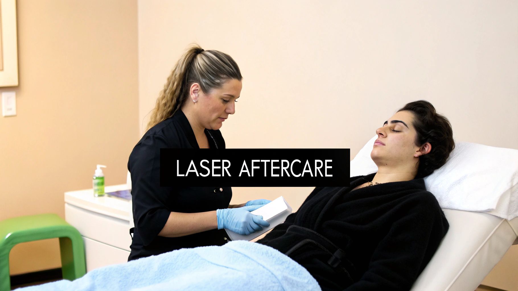 A laser treatment technician wearing blue gloves provides aftercare instructions to a patient lying on a bed.