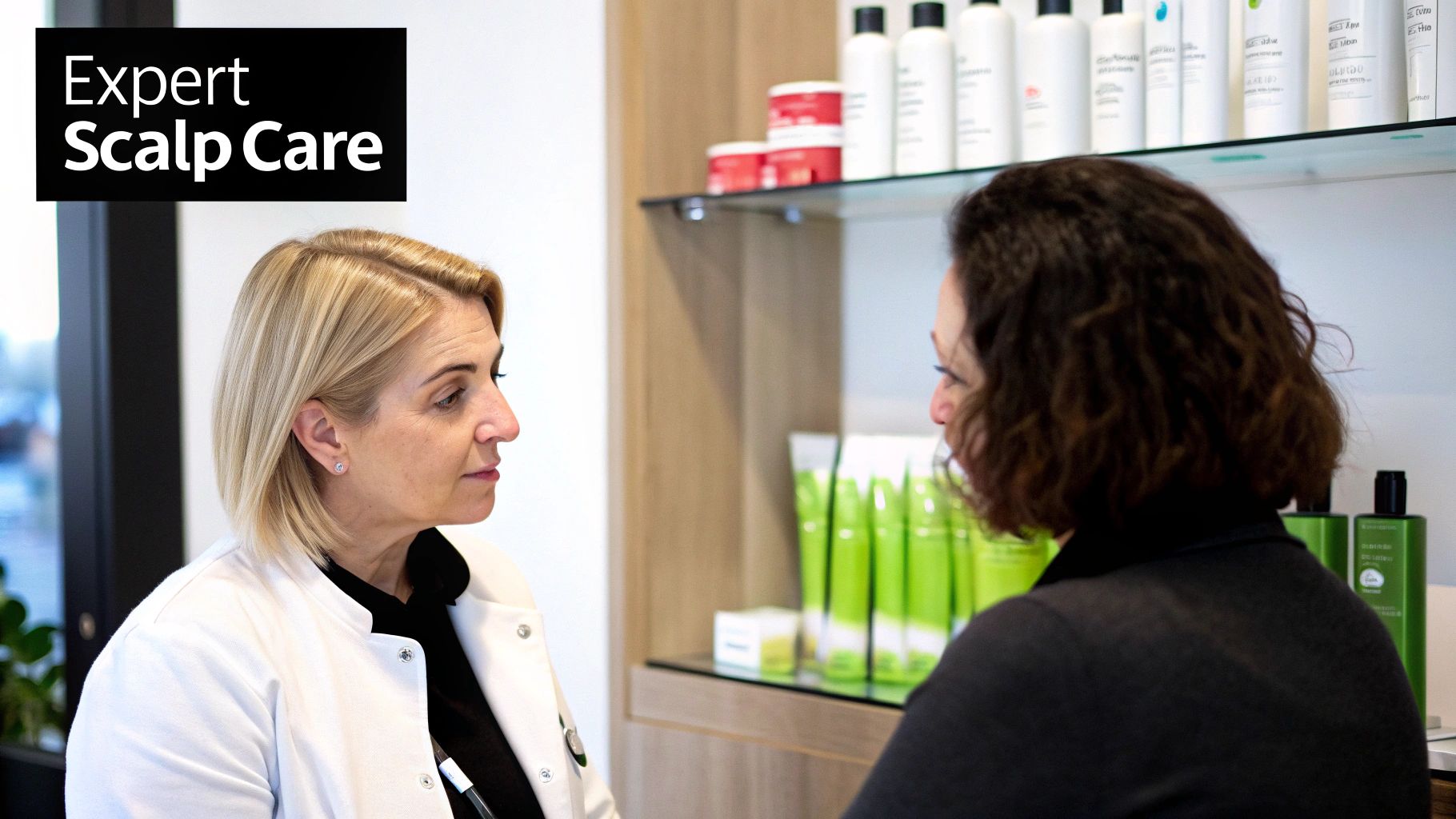 Two women, an expert and a client, discussing scalp care in a modern salon setting with products.
