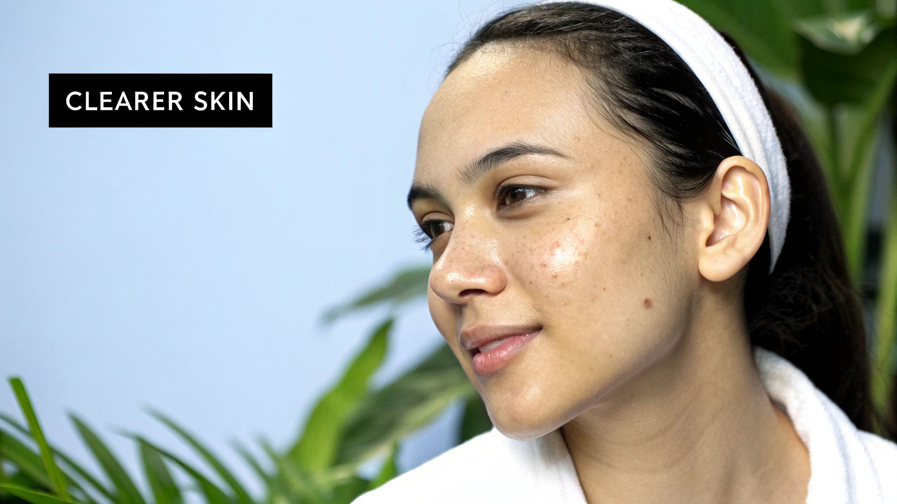 A young woman with a white headband looks right, displaying skin with imperfections, with 'CLEARER SKIN' text overlay.