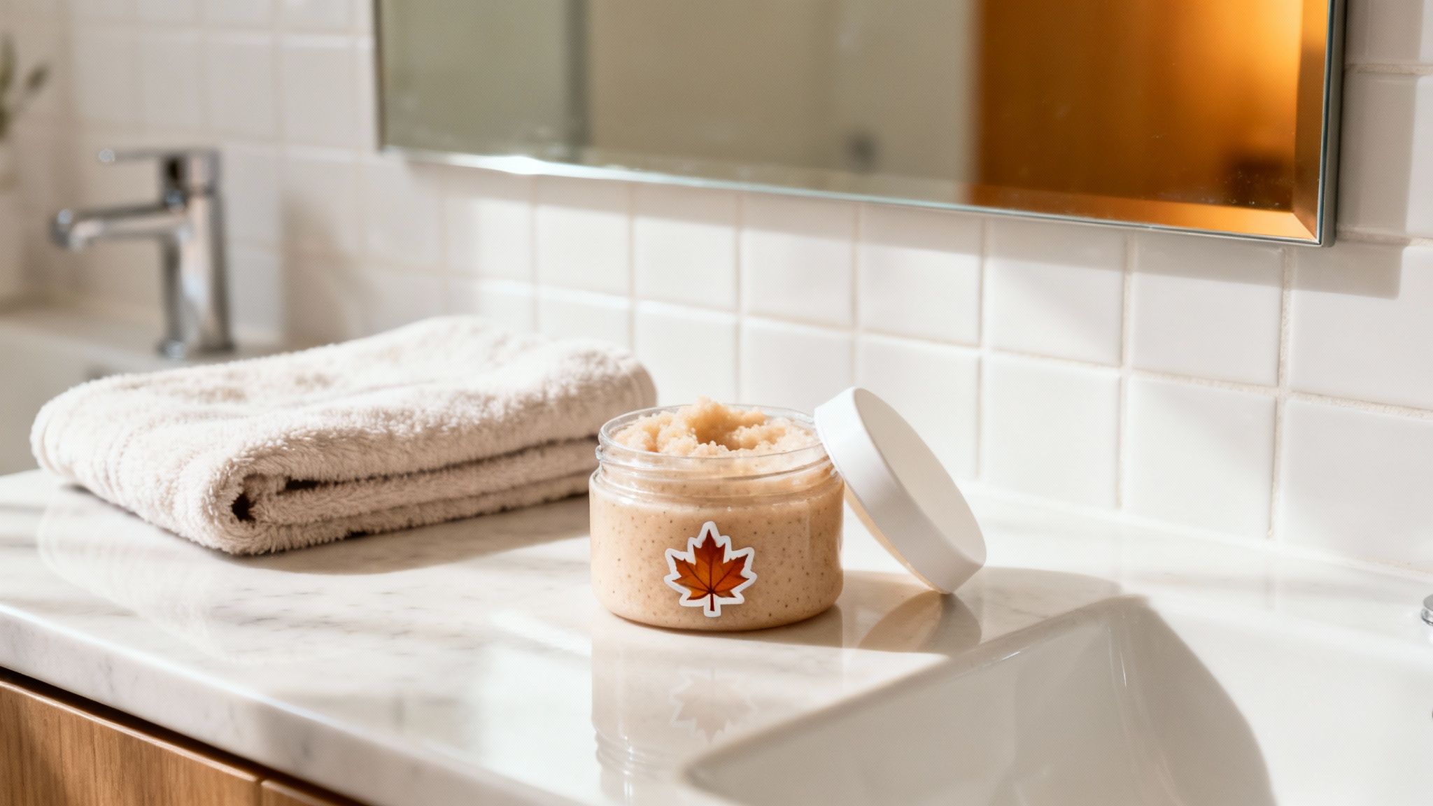 Natural face scrub in jar with maple leaf logo on white marble bathroom countertop