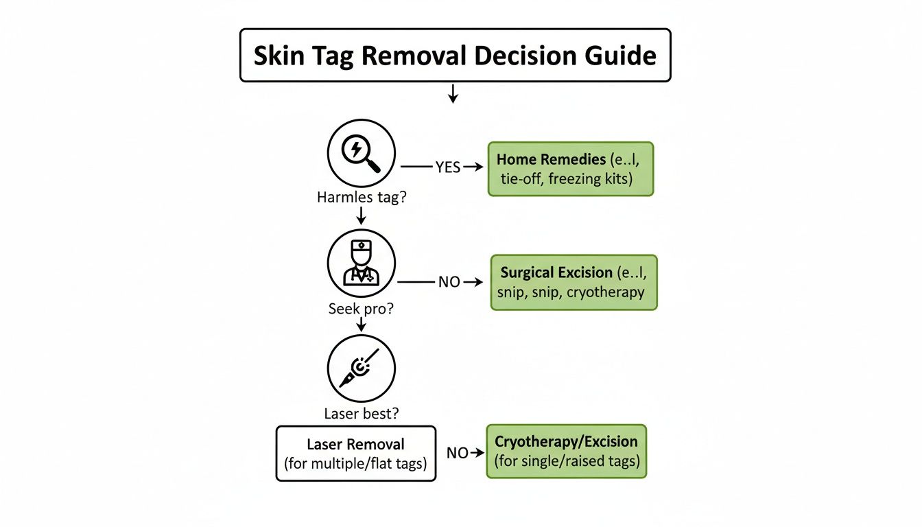 A flowchart decision guide for skin tag removal, outlining various treatment options and considerations.