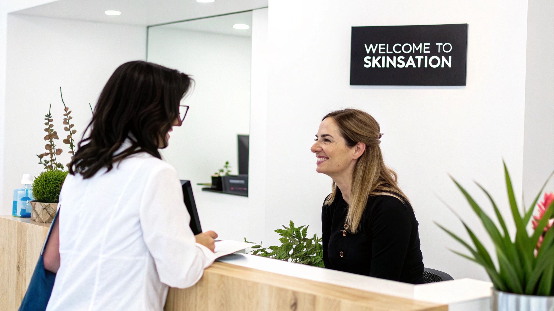 Two women smiling at a reception desk in a bright medical aesthetics clinic.