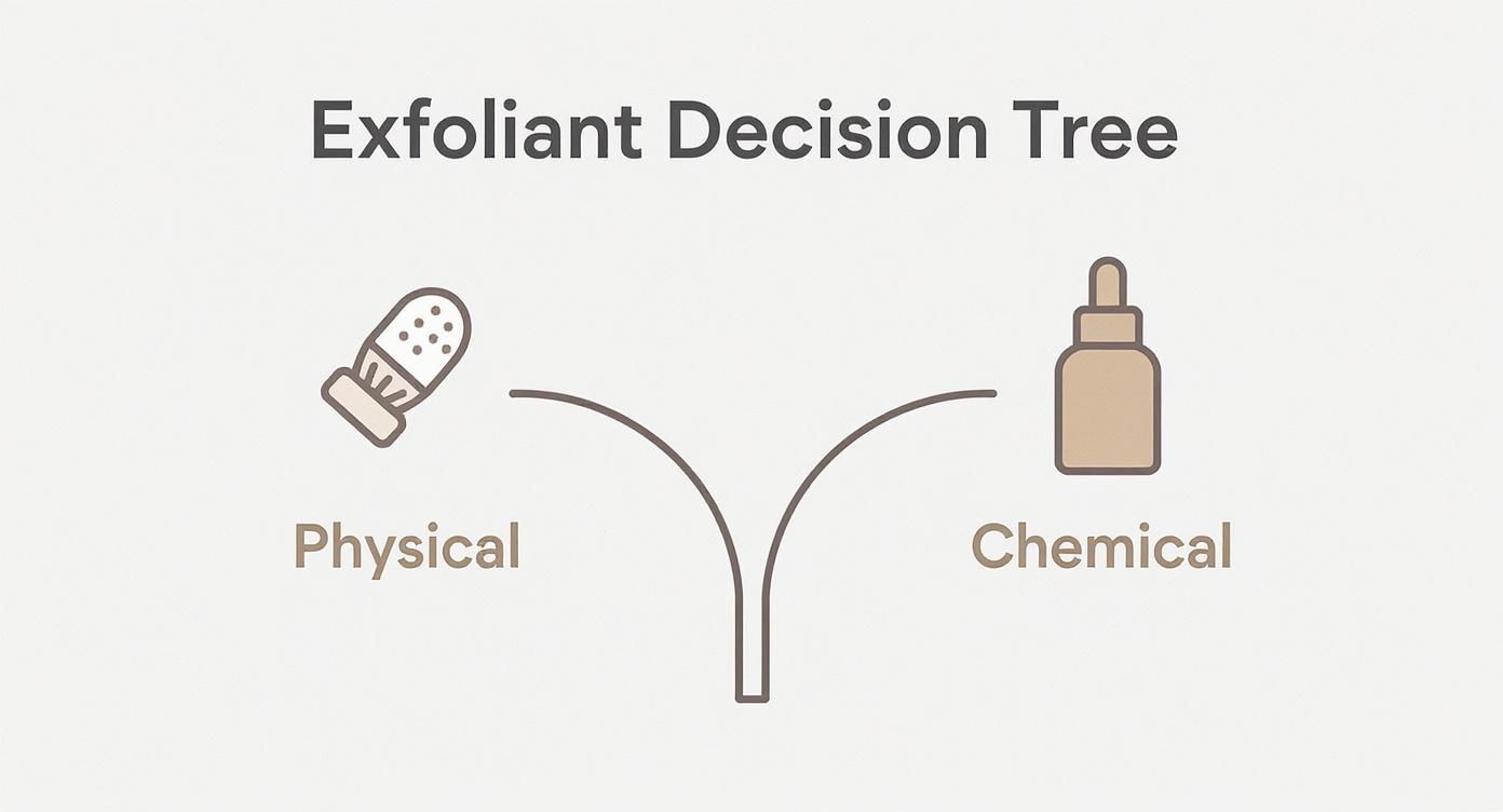 Exfoliant decision tree diagram showing physical and chemical exfoliation methods for skincare routine
