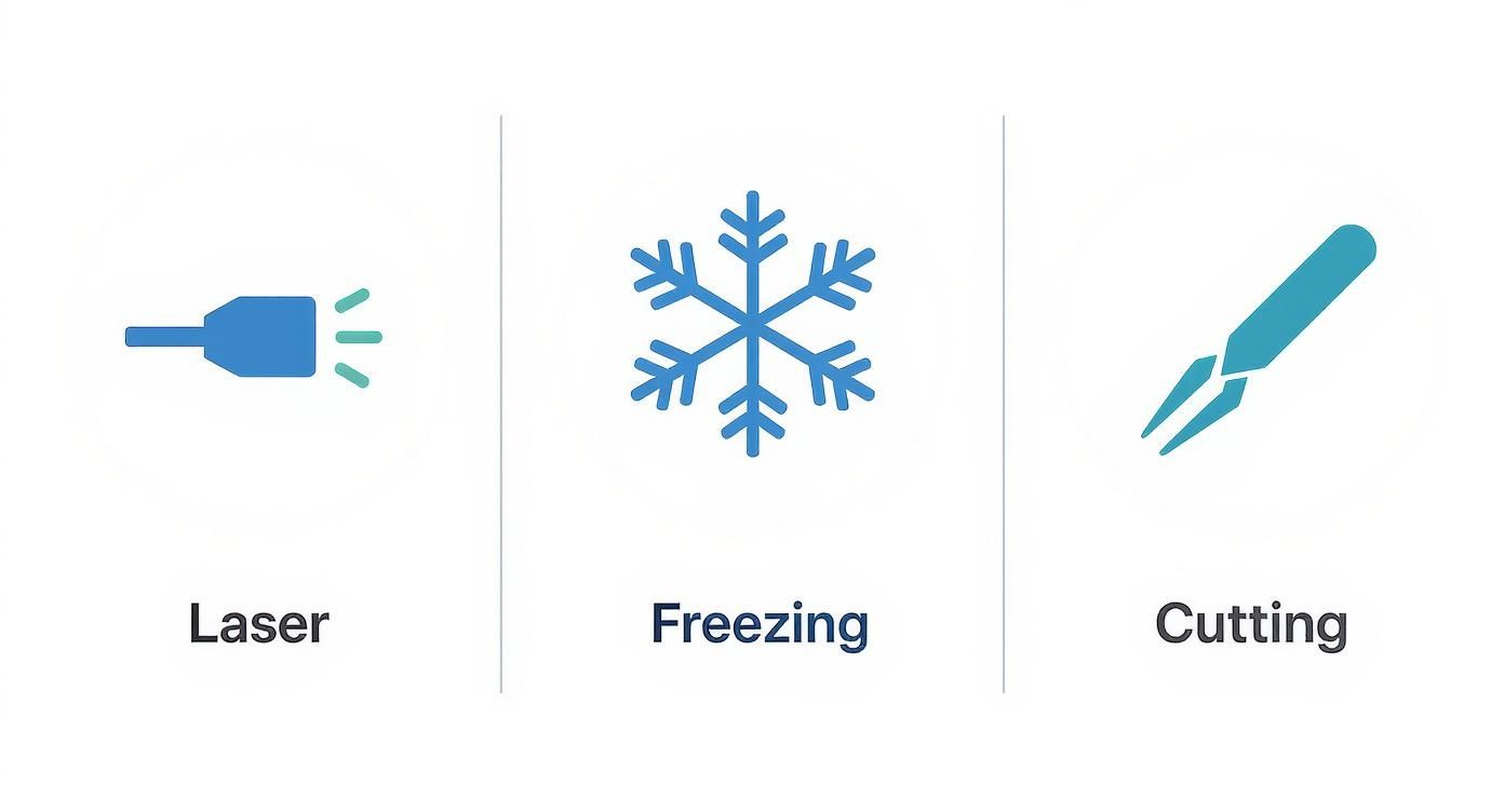 Infographic comparing laser, freezing, and cutting methods for skin tag removal.