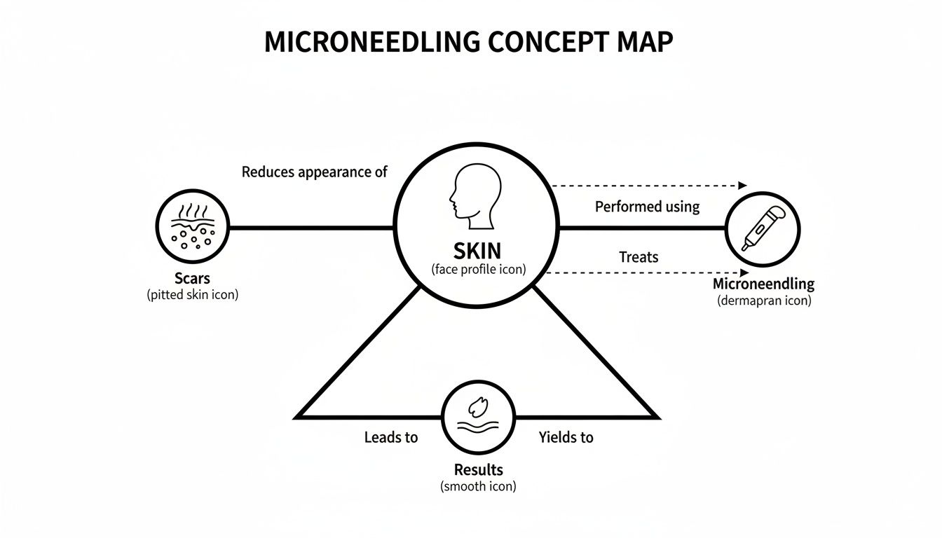 A concept map showing microneedling treats skin to reduce scars, leading to improved results.