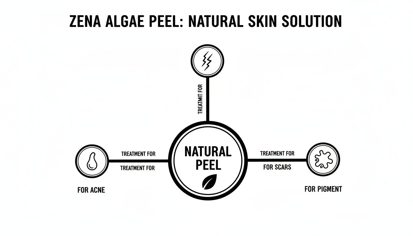 A diagram illustrating the Zena Algae Peel as a natural skin solution, treating acne, scars, and pigment.