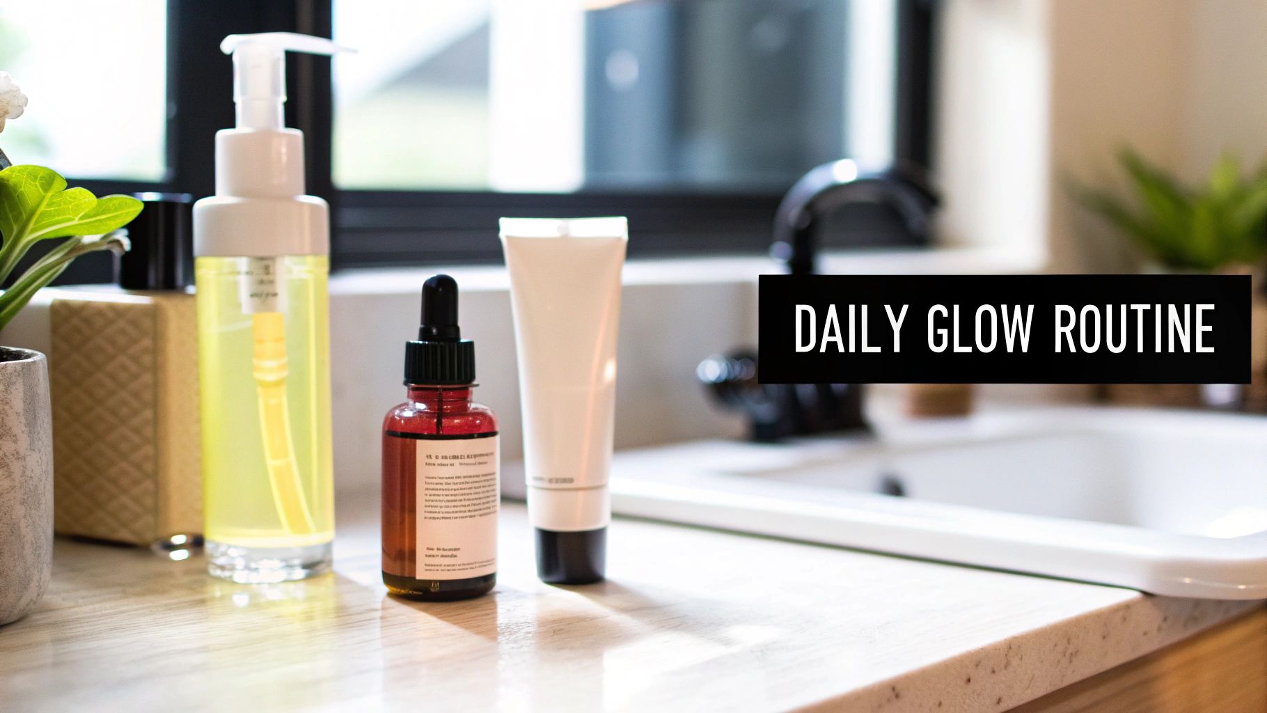 A collection of skincare products including a cleanser, serum, and cream for a daily glow routine.