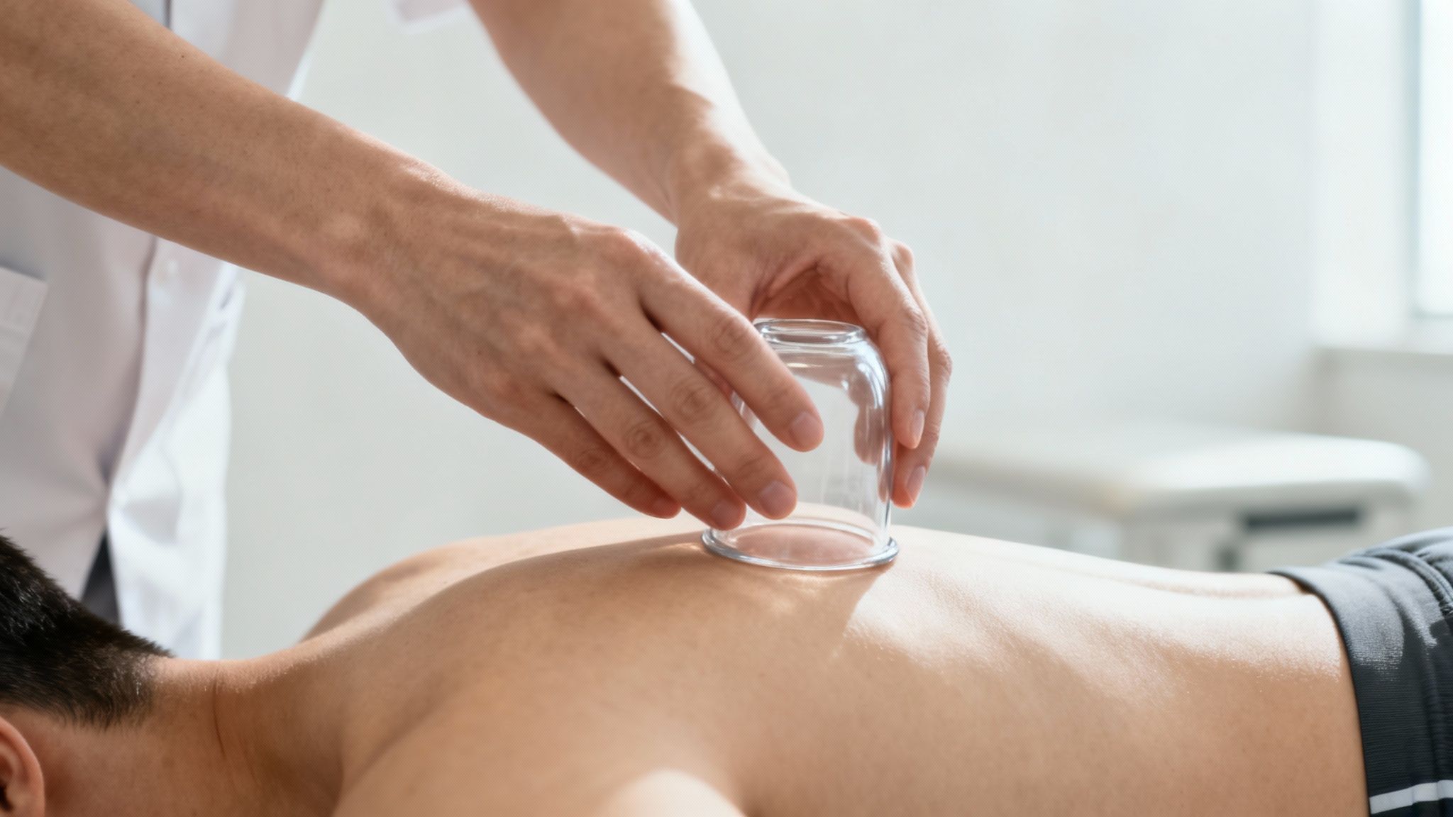 An individual receiving a cupping therapy treatment on their back with several glass cups.