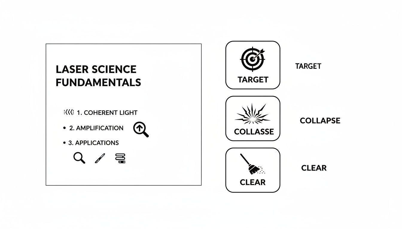 Diagram outlining laser science fundamentals with sections for coherent light, amplification, and applications, alongside target, collapse, and clear icons.