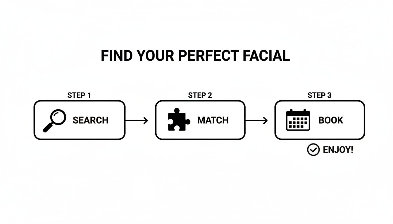 A three-step process for finding a facial: search, match, and book to enjoy.