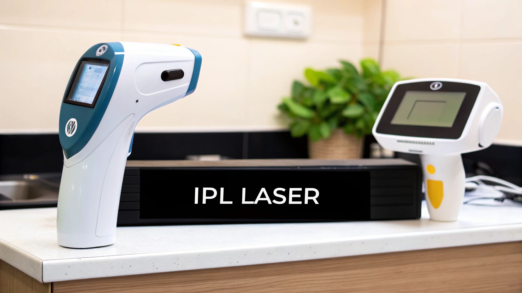 Two IPL (Intense Pulsed Light) laser devices on a counter, with a sign reading 'IPL LASER'.