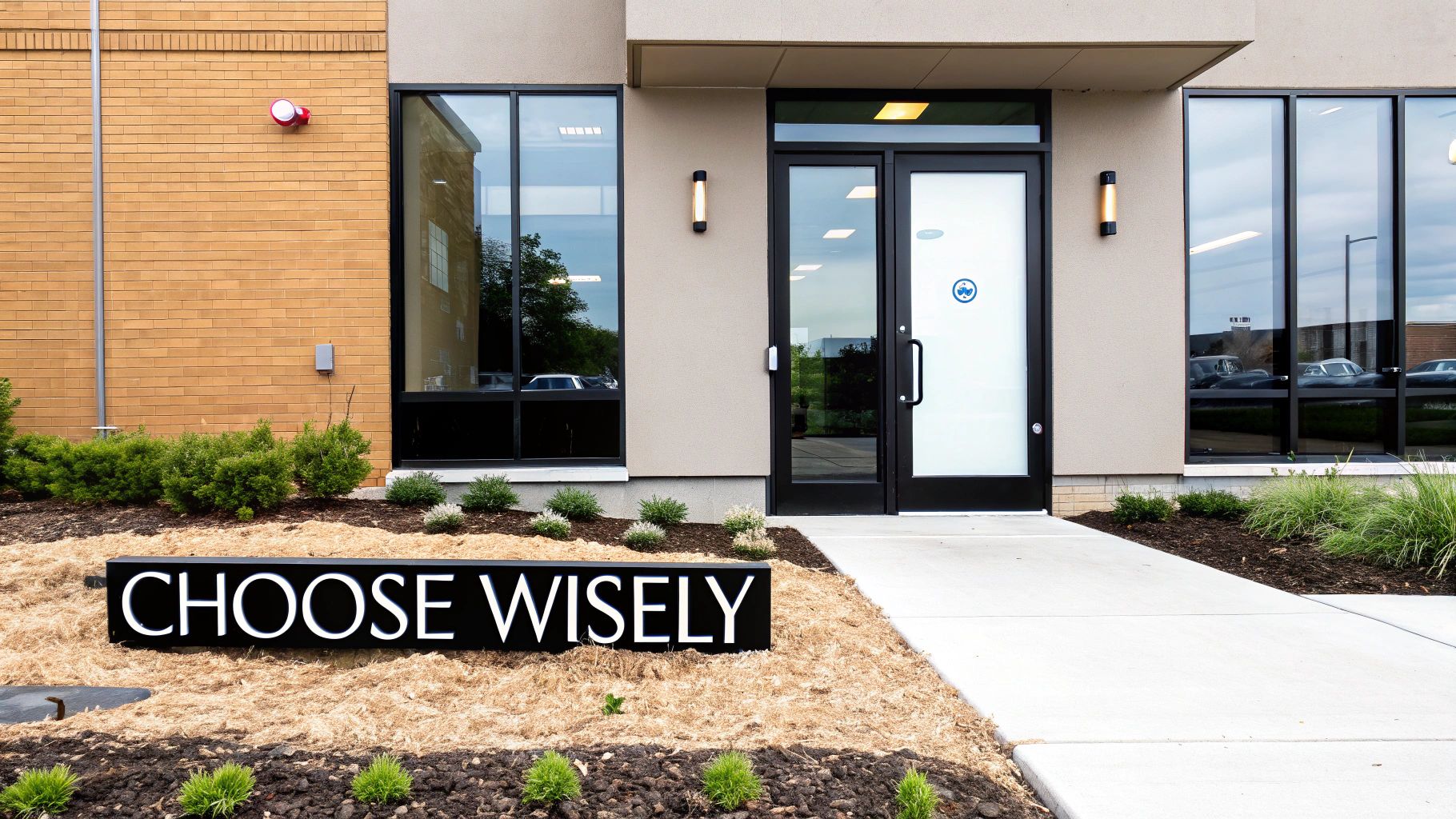 Exterior view of a modern building with a clear glass entrance and a 'CHOOSE WISELY' sign.